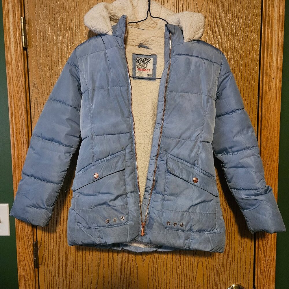 Girls sherpa-lined winter puffer coat, size 10/12, blue